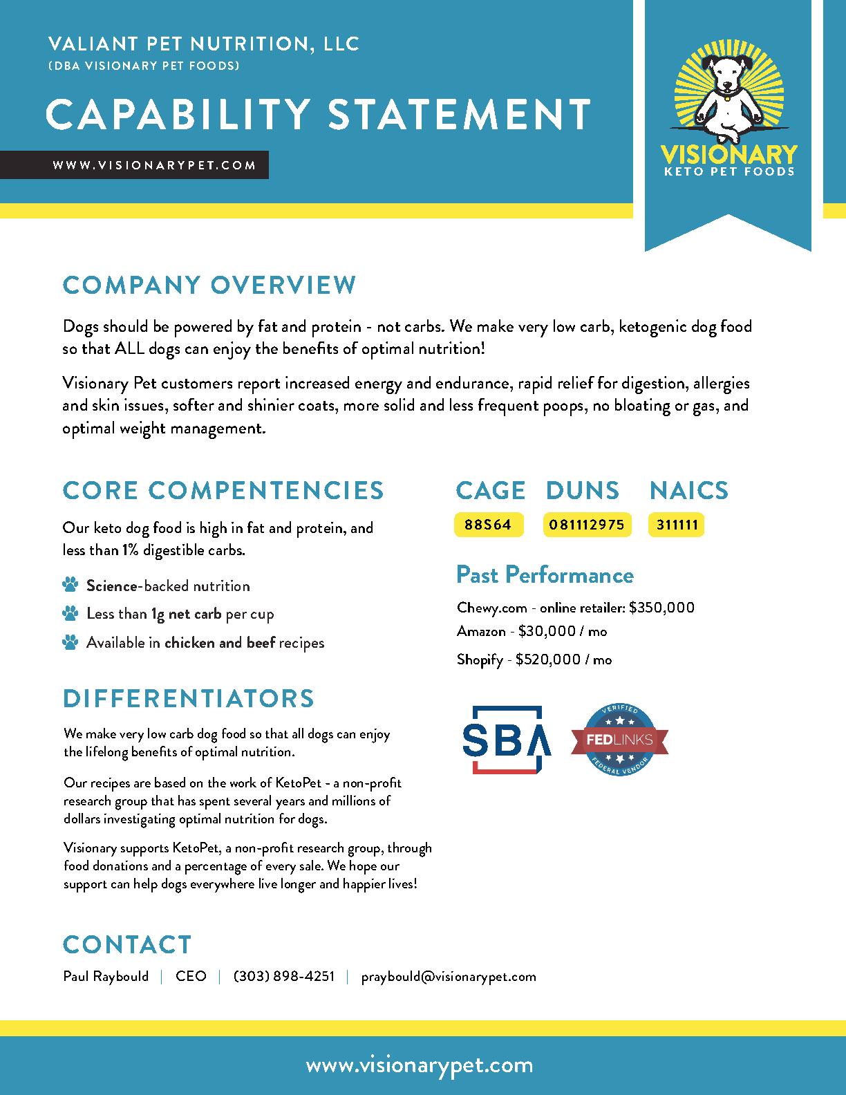 Visionary pet capability statement cv