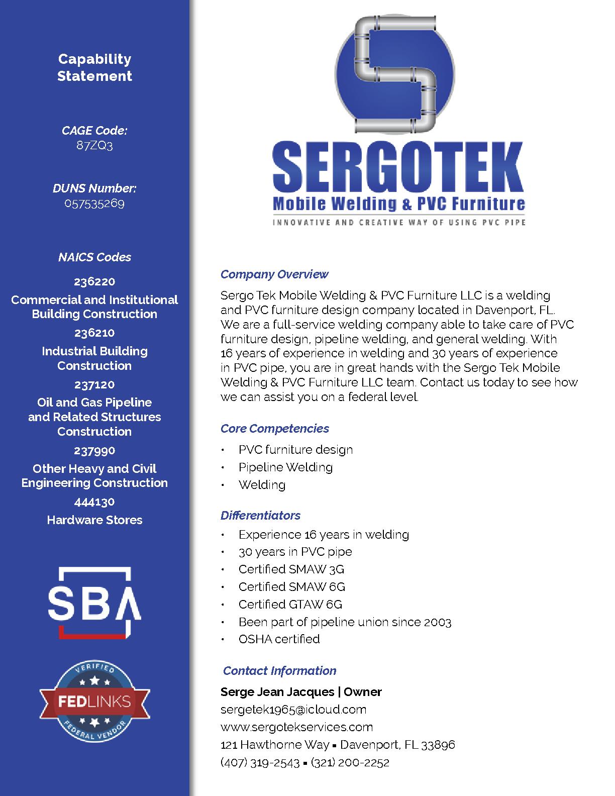 Sergo tek mobile welding   pvc furniture llc capability statement