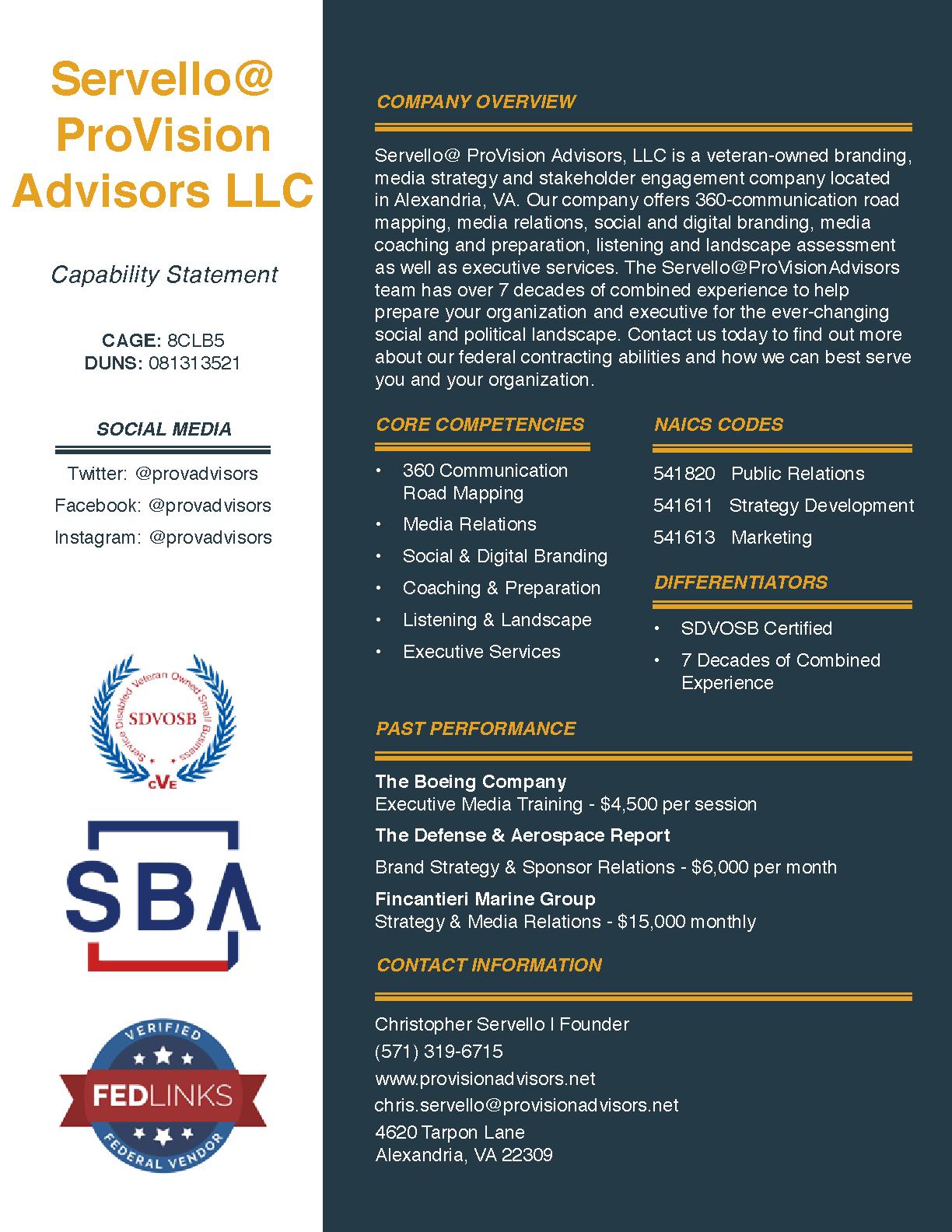 Servello provisionadvisorsllc capabilitystatement