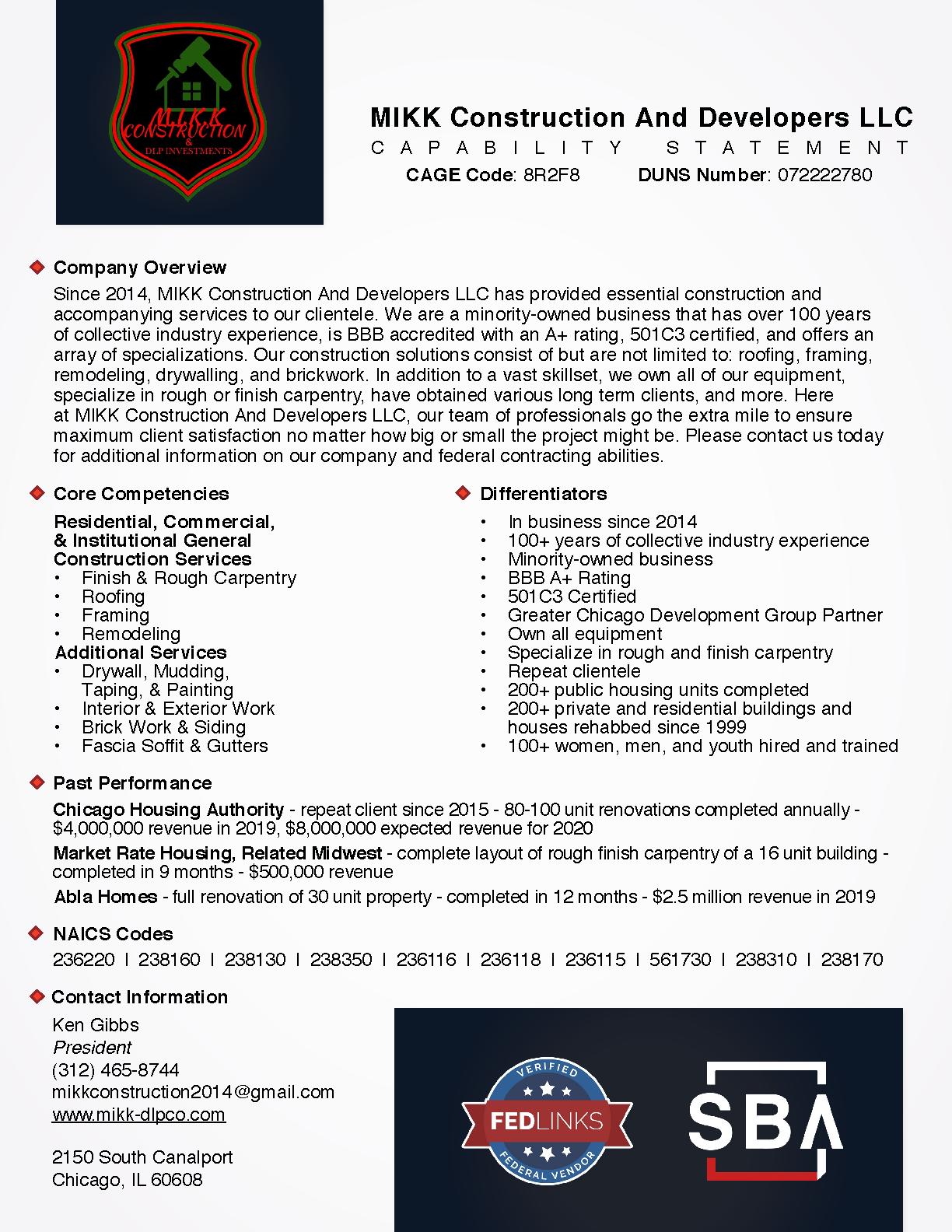 Mikk construction and developers llc capability statement