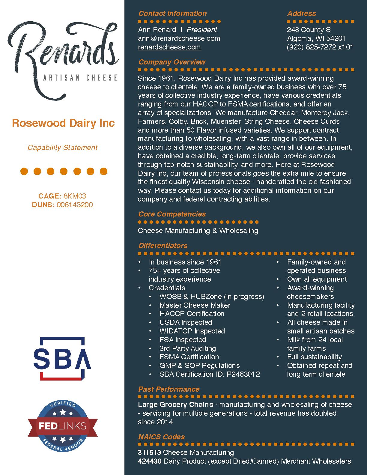 Rosewood dairy inc capability statement