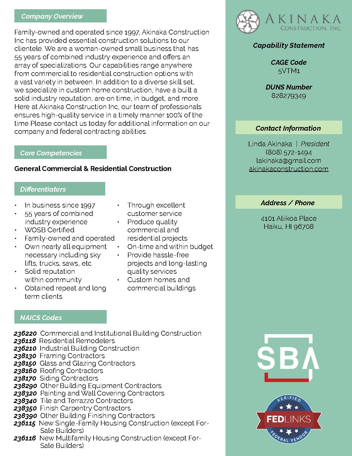 Akinaka construction inc capability statement