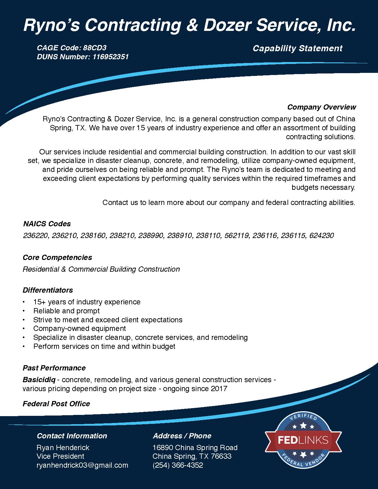 Ryno's contracting   dozer service inc capability statement