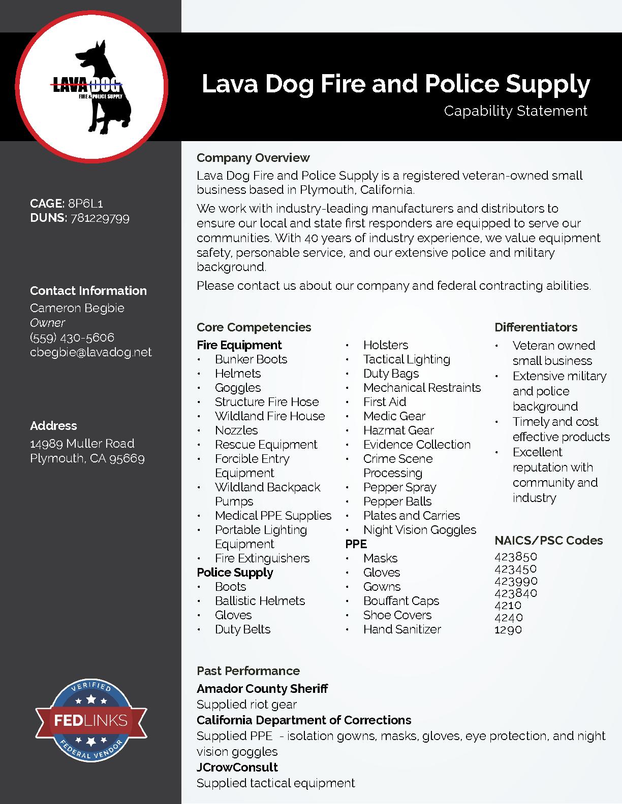 Lava dog fire and police supply capability statement