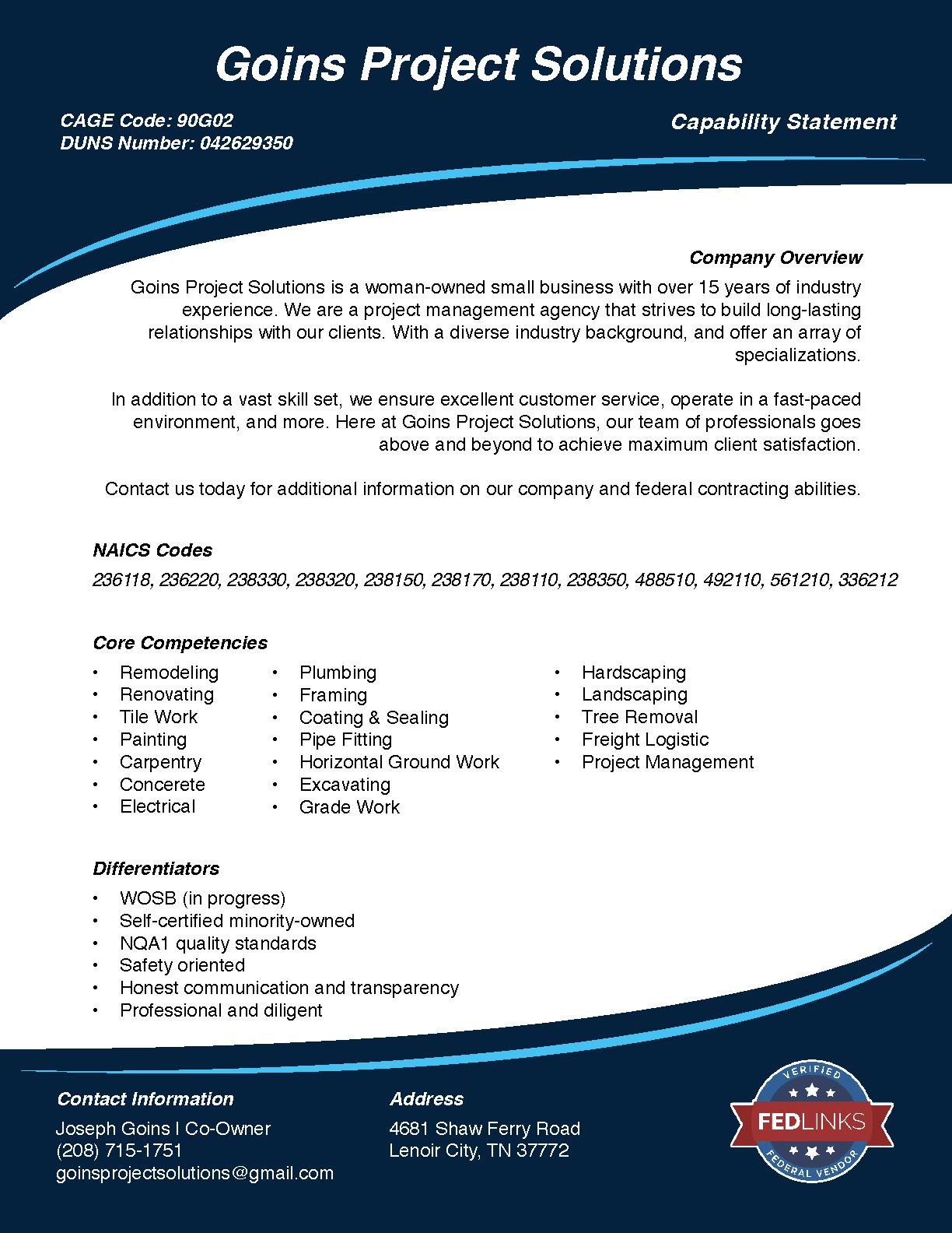Goins project solutions capability statement