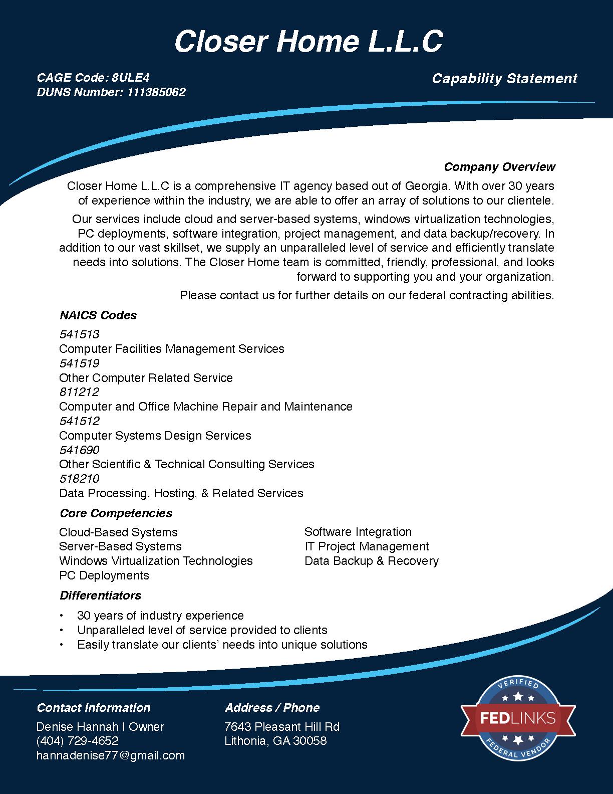 Closer home l.l.c. capability statement