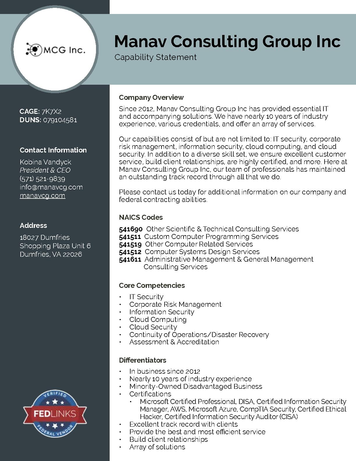 Manav consulting group inc capability statement