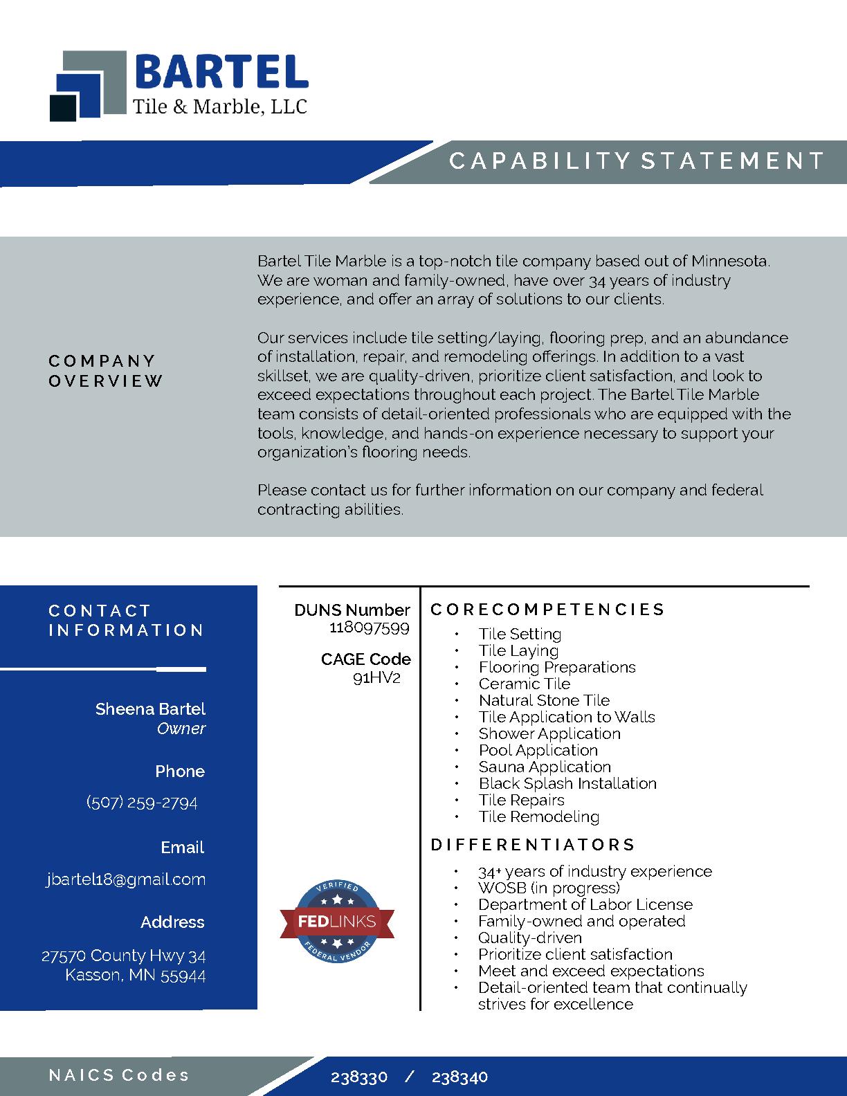Bartel tile marble capability statement