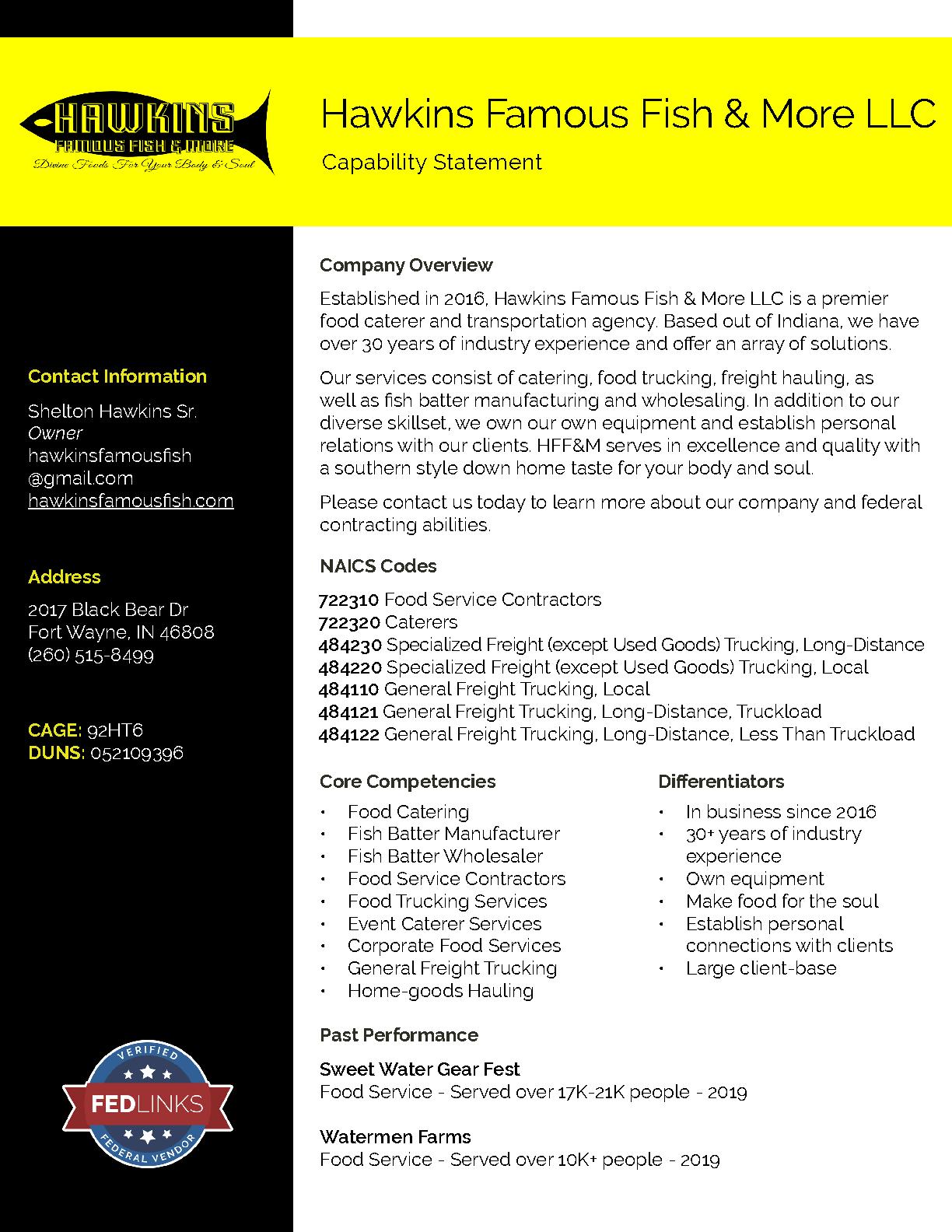 Hawkins famous fish   more llc capability statement