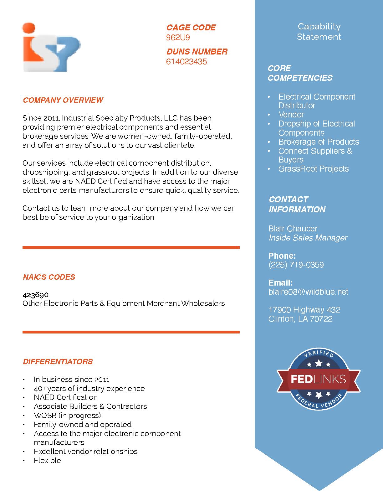 Industrial specialty products  llc capability statement