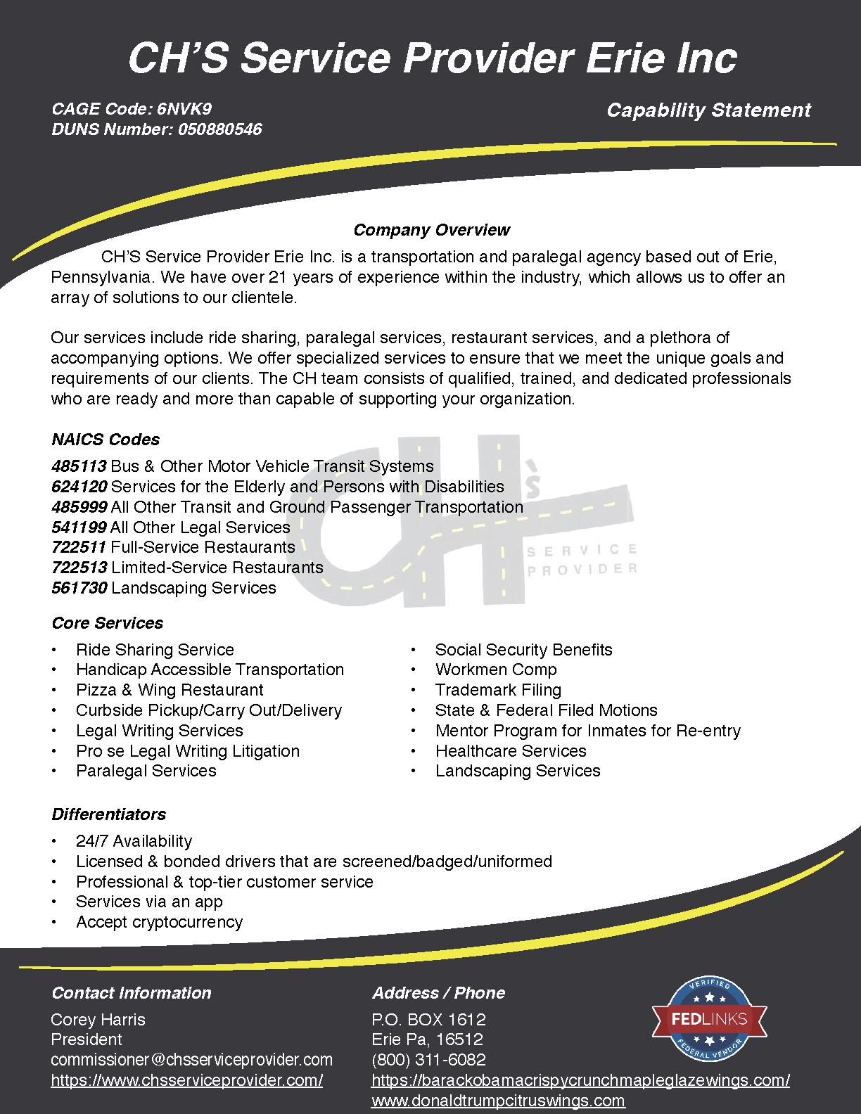 Ch's service provider erie inc